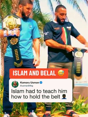 A post by @espnmma on TikTok caption: When #BelalMuhammad got an assist from #IslamMakhachev on how to hold the belt  🤝 #ufc #mma #ufc315 (via @UFC)