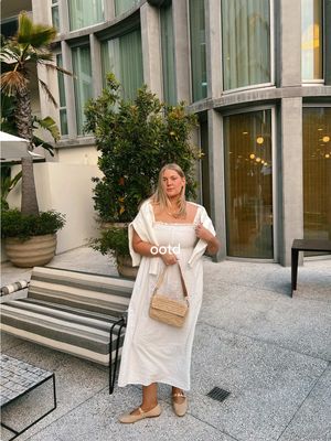 A post by @emilyfranciswheaton on TikTok caption: night one in LA with my tiny girl 💛 #OOTD #spring #summervibes #coolmom #ootdfashion #springoutfits #summeroutfits  #babystyle #hillhouse @Hill House @onequince @Dolce Vita Footwear @KAYU 