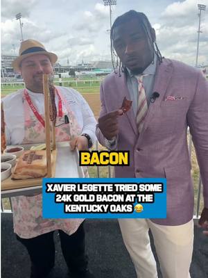 A post by @nfl on TikTok caption: not raccoon, but 24K gold bacon should do for #xavierlegette 😭 #carolina #panthers #nfl #kentuckyderby 