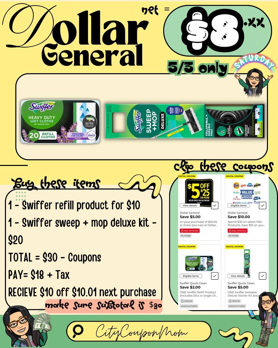 A post by @citycouponmom on TikTok caption: 🔥Dollar General - here’s a few options & scenarios for This Saturday! 🫶 - Saturday 5/3 - Make sure subtotal is at the threshold! - Make sure items attach to the digitals! - Should work at both old & new systems… some coupon values may adjust down when it comes to new systems which can effect the total - Spend $30 save $10 next purchase is a P&G promo: make sure items attach & qualify to that digital. Once earned, it can take some minutes for digital to change from “save” to “spend” — spend on anything $10.01+  #dollargeneraldeals #dollargeneralcouponing #dgdeals #couponing #coupondeals #couponingdeals