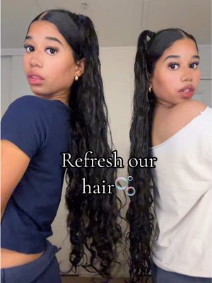 A post by @aleyahandaleysha on TikTok caption: Fingers crossed it looks good🤞🏽 #longhair #curlyhairroutine #twinsisters 