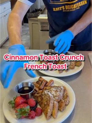 A post by @oldscoolkevmo on TikTok caption: Cinnamon Toast Crunch French Toast #oldscoolkevmo #sororitychef #piphichef #pibetaphi #nevadawolfpack #guys #aces #coffee #brunch #bacon #sausage