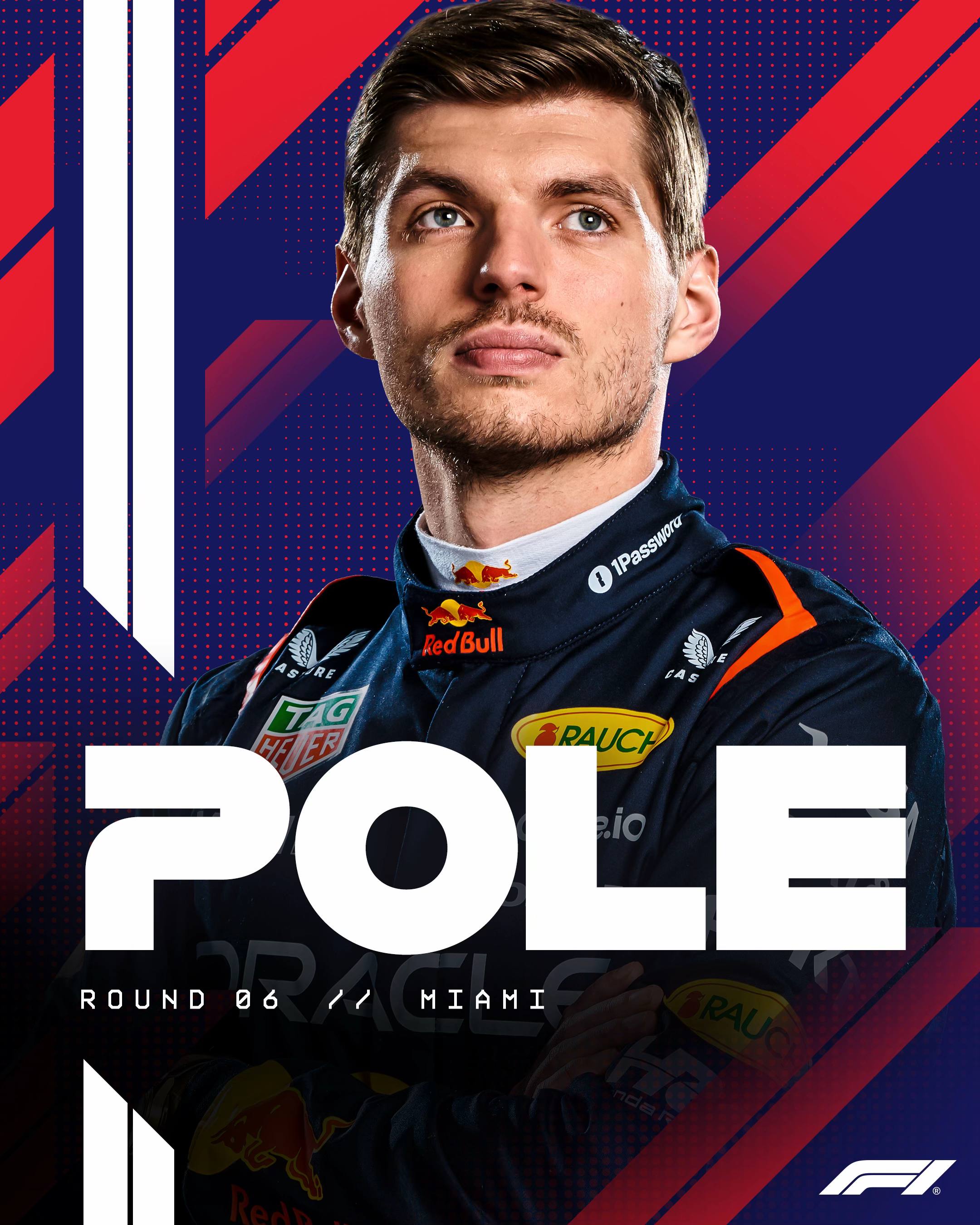 A post by @f1 on TikTok caption: dadstappen clinches his 3rd pole of 2025 with only 0.181s separating the top 5 😱 #F1 #formula1 #miamigp #maxverstappen #redbullracing #landonorris #kimiantonelli 
