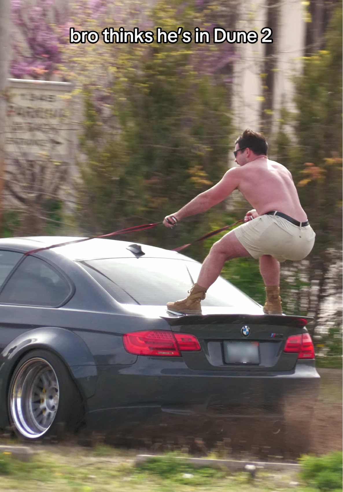A post by @frankielapenna on TikTok caption: Bro watched Dune 2 too many times and is now convinced he’s the Lisan al Gaib. #bmw #m3 #v8 #horsepower #cartok #dune #dune2 #memes #gyat #gyatt #widebody #libertywalk 