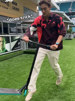 A post by @f1 on TikTok caption: woah watch out @Tony Hawk there’s a new kid on the block 🛴 #F1 #georgerussell #miamigp #formula1 #sports #scooter 