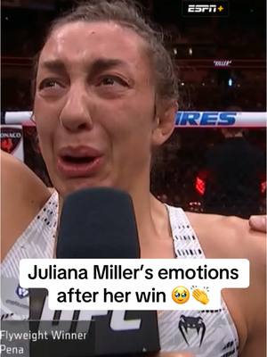 A post by @espnmma on TikTok caption: Juliana Miller after her first #UFC win since 2022 👏 #mma #emotional #wholesome #ufcdesmoines 