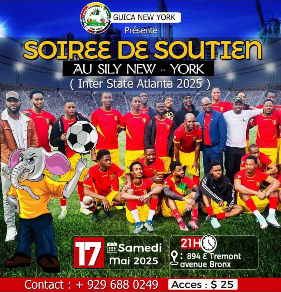 A post by @idyadiallo on TikTok caption: ===GUICA-NY INFO=== Le Bureau de la GUICA New York en accord avec le comité de Gestion du Syli Football de New York et à l’occasion de la 20ème édition du de l’Inter State à Atlanta organisent une soirée de soutien à notre équipe ( Night Party en Club) Samedi 17 Mai 2025.  Tous derrière le Syli de New York Maximum de partage et de mobilisation Merci🇺🇸🇬🇳