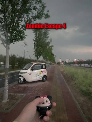A post by @ellaonwheels_0 on TikTok caption: Zombie escape 4 – It's raining, 🌧️the situation is bad, and there is not much food left in the car. What should I do next❓❓❓ #minicar #tricycle #campinglife #limousine #electriccar #Outdoor #fyp #camping #glamping #cozyspace #asmr #relax #camp 