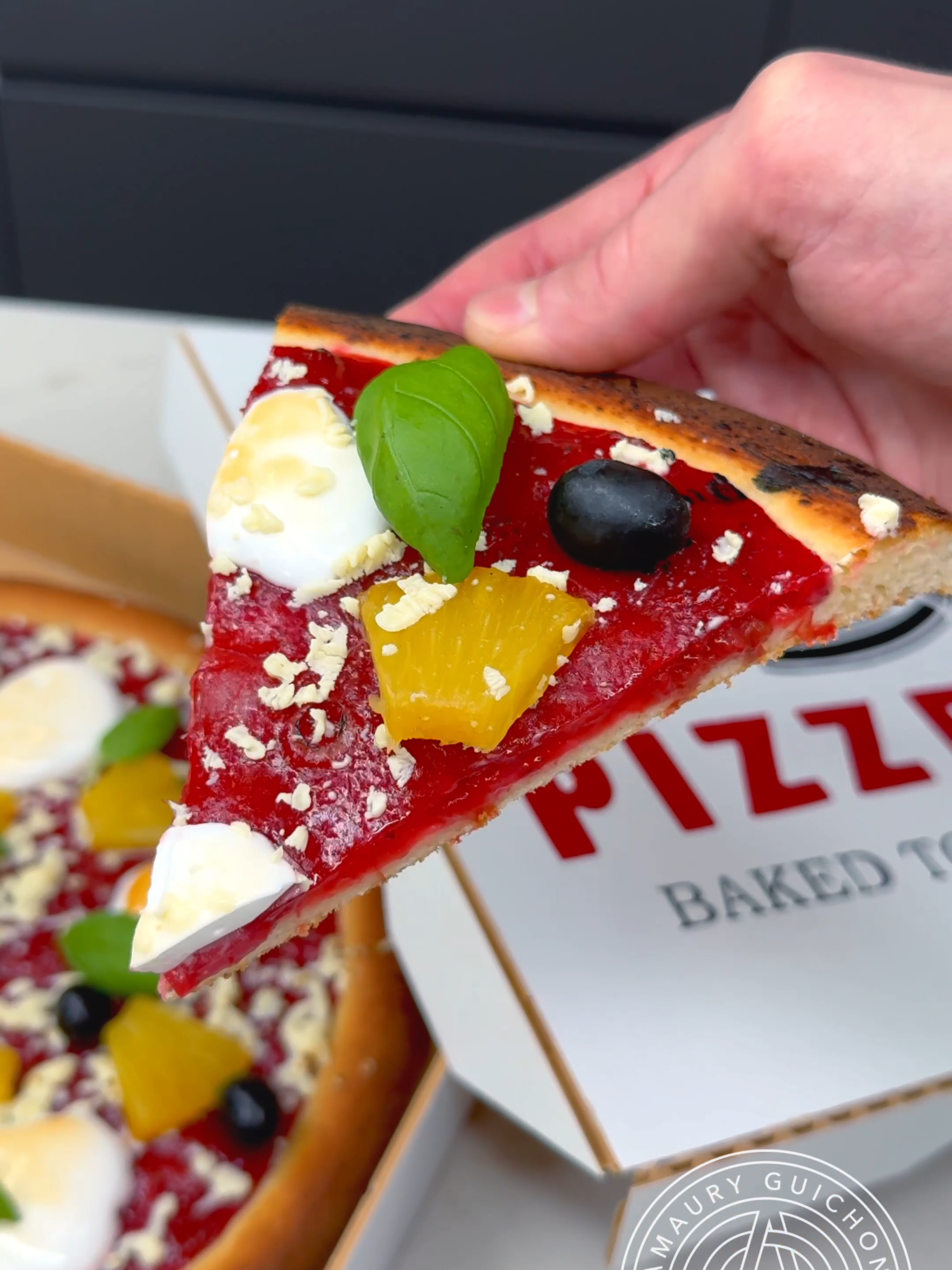 A post by @amauryguichon on TikTok caption: The Sweet Pizza! 🍕 Is it okay to put pineapple on pizza?   #amauryguichon #chocolate #pizza