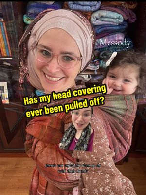 A post by @miriamezagui on TikTok caption: Replying to @Ryan Campbell Have any of my children pulled off my head covering while Babywearing? #babywearing #headcovering #wig #tichel #scarf 