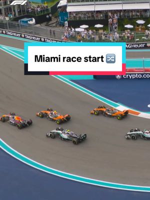 A post by @f1 on TikTok caption: a big shuffle in the opening lap 🔀 #F1 #formula1 #miamigp #maxverstappen #landonorris #oscarpiastri #kimiantonelli