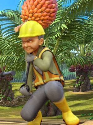 A post by @upinipin.official on TikTok caption: Tok Dalang luar biasa! Macam-macam kerja Tok Dalang buat termasuklah jadi pekebun kelapa sawit 🌴 #UpinIpin #MinyakSawit #KelapaSawit #TokDalang