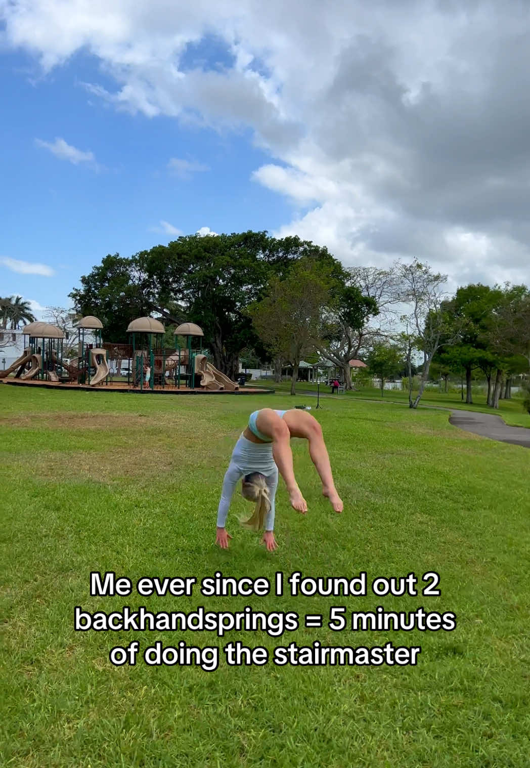 A post by @cassidy__t on TikTok caption: I don’t think this is right but hey I’ll take it! #backhandspring #cheers #gymnastics #stairmaster 