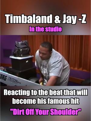 A post by @llusionmusic on TikTok caption: hall of fame studio sessions  🏆  Timbaland showing Jay-Z the beat that would become the hit song Dirt Off Your Shoulders 🔥 what’s your favorite studio session clip?? #studiosession #timbaland #jayz #fyp #music #llusionmusic 