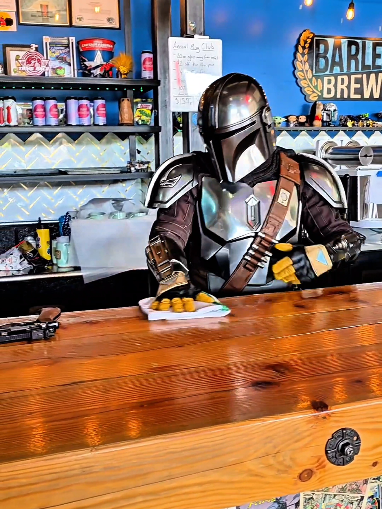A post by @nomad.props on TikTok caption: need to pay for Grogu's jedi lessons 🤷‍♂️🍺 #themandalorian #grogu #maythe4thbewithyou #starwars #thisistheway 