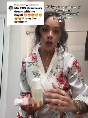 A post by @leahkenyon5 on TikTok caption: Replying to @Sav🍒 this is the most complimented fragrance combo I've ever worn and it's so perfect for spring omg @eos Products strawberry dream lotion// @Phlur Fragrances heavy cream hair and body mist// @Kayali yum boujee marshmallow perfume #fragrancetiktok #perfumecombo #perfumetok #eos #phlurheavycream #bodymist #kayali #perfumes #gourmand #gourmandperfume 
