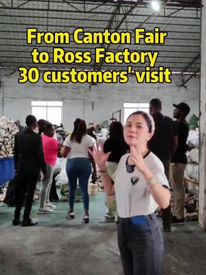 A post by @msmei520 on TikTok caption: Whoa! from #Cantonfair to Ross factory, 30 buyers showed up unannounced! 🚀💥 Our factory is buzzing with energy! #SecondhandStyle #SustainableFashion #BigSurprise  #africa #haitiantiktok #cantonfair 