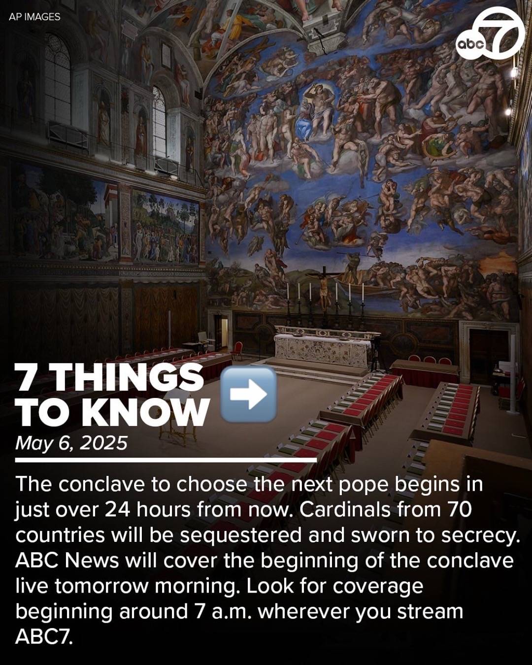 A post by @abc7newsbayarea on TikTok caption: The conclave to choose the next pope begins in just over 24 hours from now. Also, San Mateo County leaders will take the next steps in the long process to remove embattled Sheriff Christina Corpus. And the Golden State Valkyries have their first ever pre-season game tonight against the LA Sparks. Here are 7 things to know. For more of today’s top stories, visit www.abc7news.com. #conclave #pope #valkyries #goldenstatevalkyries #oakland #chasecenter #nbaplayoffs #weather #openai #windsurf #abc7news #7things