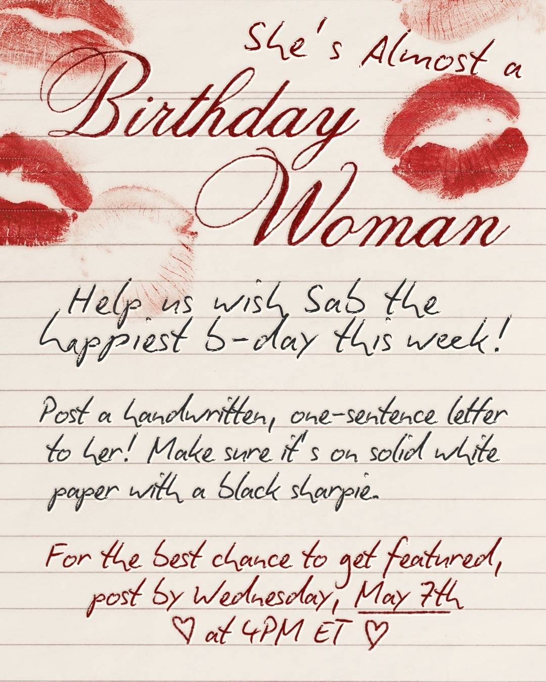 A post by @teamsabrina on TikTok caption: help us wish sab the happiest bday this week! post by may 7 @ 4PM ET & tag us with #birthdaywoman so we can see #sabrinacarpenter #busywoman 
