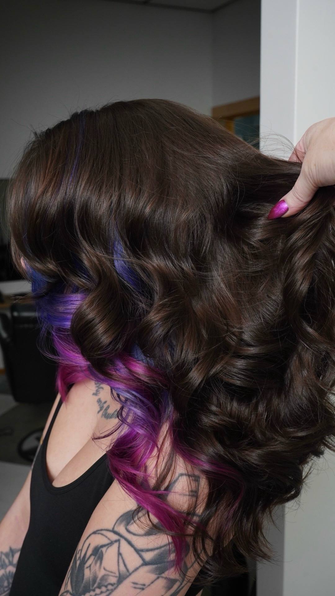 A post by @cryistalchaos on TikTok caption: This head of hair was the moment I fell in love with @randco color. I decided on a whim to try out their liquid Demis. I went with a 4A (smoke show) just to deepen her base.  Now- as a vivid artist it’s very rare that normal colors get me very excited and idk if it was the overall color combo, my cute client that brought all the vibes or a combination of it all. But I haven’t looked back since!  I now stock and use mostly R+Color (while still using my favorites from other lines bc I’m an artist) but anyone who asks if the line is worth it I say HELL YES! And I highly recommend taking their online education/certification for more knowledge on the line.  #hairstylistoftiktok #hairtoks #indyhairstylist #indyhair #indianapolishairstylist #randcolor 