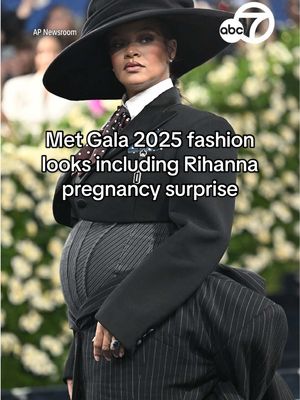A post by @abc7newsbayarea on TikTok caption: This year’s Met Gala paid tribute to Black fashion and designers, attracting stars in fashion, TV, film, music, sports and more! One highlight from fashion’s biggest night was Rihanna, who showed off a pinstripe look and a huge hat — with her baby No. 3 bump fully on display. #MetGala #fashion #metgala2025 #fashionlooks #abc7news #rihanna #asaprocky #sabrinacarpenter #megantheestallion #kimkardashian  #piano #andre3000 