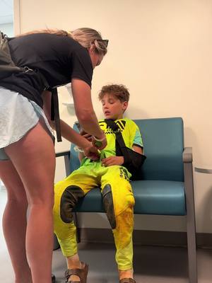 A post by @keepingupwithlewises on TikTok caption: Last week, he literally fell over in a tight turn and stuck his arm out just right… I thought he was joking when he wouldht get up lol. BUT! no breaks THANK GOD. They think he hyperextended it so he gets to take a couple weeks off right before regionals. Yay 😭 #moto #motocross #motokid #mx #mototok #supercross #dirtbikes #extremesports 