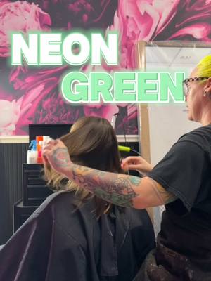 A post by @cryistalchaos on TikTok caption: This client requested not to do front facing content so this will look a little different than usual.  There’s too many brands to tag for this but they are all listed and shown in the video. @Olaplex was used through out and out trusty bleach as always is from @Kenra Professional  #hairstylistoftiktok #hairtoks #indyhairstylist #indyhair #indianapolishairstylist #neonhaircolor 