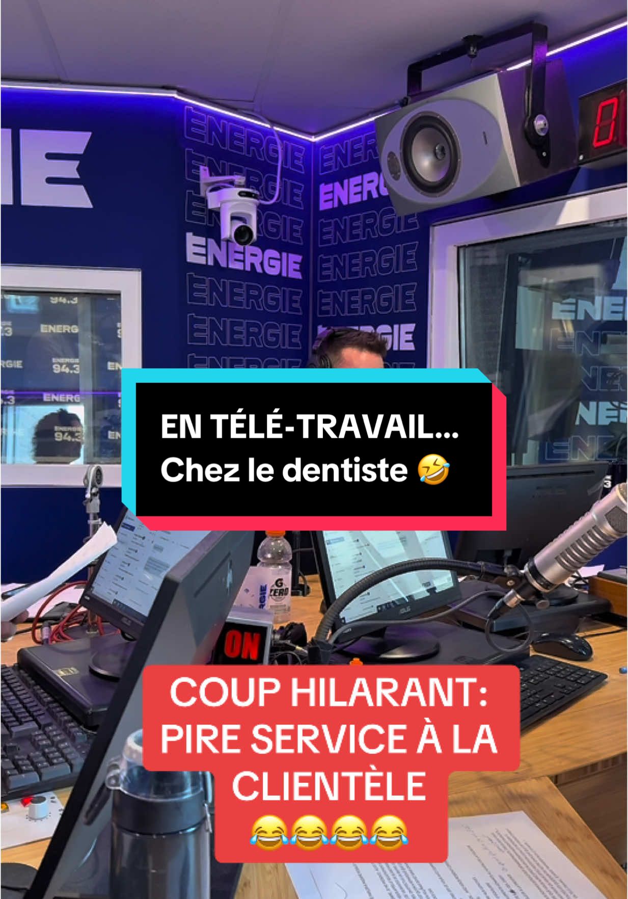 A post by @sebtrudelradio on TikTok caption: Simon en télé-travail chez le dentiste! 🤣 #Prank #coup #Radio #quebecois #drole #Humour #insolence #montreal #energie #pourtoi  #Foryou #Blagues #blague #NRJ  #insolence #fyp #qc #podcastqc #quebectok #tiktokquebec #quebectiktok 