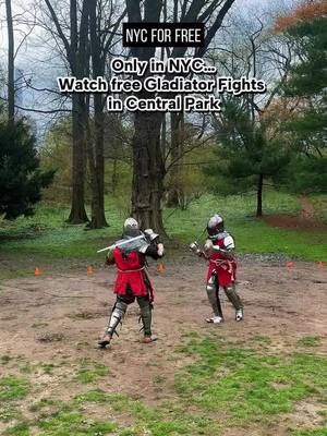 A post by @nycforfree on TikTok caption: Watch free Gladiator Fights in Central Park ⚔️ Watch gladiators fight in full armor in Central Park at this monthly free event! is a non-profit + the oldest armored combat school in NYC (they also offer free classes at their Manhattanville Community Center Wed & Sat at 6pm and once a month in BK!) The show is at Park (behind the Met) on the second Saturday of every month from 2-4pm (including this Saturday May 10). There was also a minstrel performing which added to the Medieval feel. Would you watch or try this? #nycforfree #nyc #nycevents #gladiators #centralpark #newyorkcity #discovernyc #manhattannyc #explorenyc #medievalreenactment
