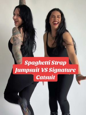 A post by @foxbloodshop on TikTok caption: Discussing the difference between our two similar jumpsuits! Lindsay and Jess are both wearing a size Medium.🖤 #gothfashion #comfyclothes #gothicstyle #gothgirl 