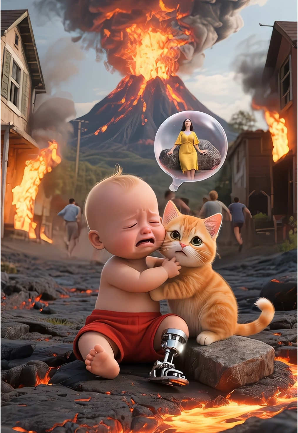 A post by @catmeow3694 on TikTok caption: Hero cat saves baby during volcano eruption.#rescue #cat #meow #usa #aicat #meow #anime #cartoon 