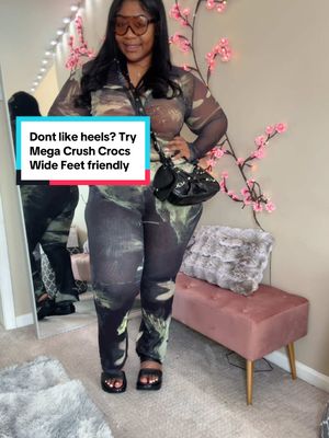 A post by @yvonniedior on TikTok caption: These mega crush crocs sandals!! just changed the game!! If you don’t like wear heels these area great alternative for my wide feet girlies !!! ##megacrushcrocs##crocs##widefeetfriendly##sandals##plussize