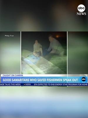 A post by @abcnews on TikTok caption: Dramatic new video shows the moment three fishermen were rescued off the coast of Massachusetts after their boat capsized. The Good Samaritans that rescued the men were fishing for squid Monday evening when they noticed a light shining in the distance. The rescued fishermen returned to land cold and damp — but uninjured. #news