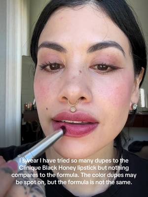 A post by @cejachel on TikTok caption: @Clinique been going back to this “almost lipstick” off an on for the last 15 years 🖤 #blackhoney #clinique #lipstick #beautytok #makeup 