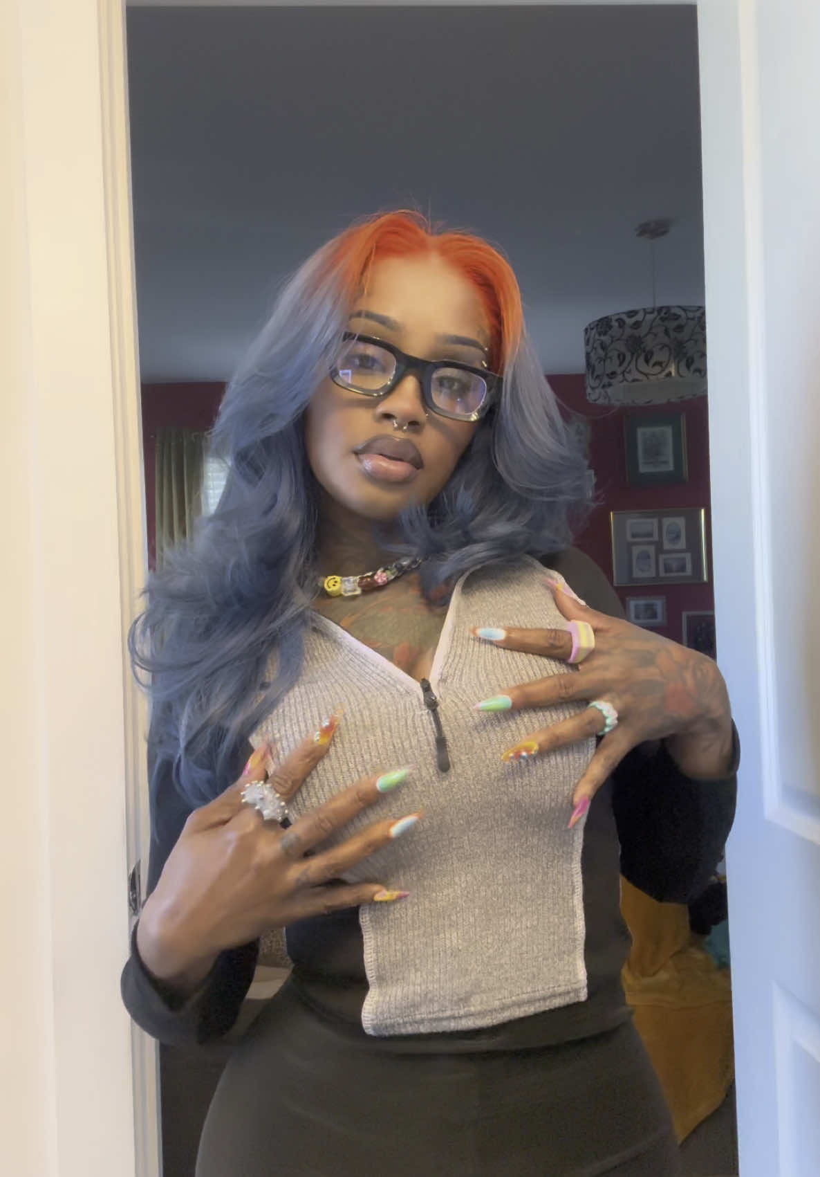 A post by @shanellrose17 on TikTok caption: Once You Catch A Vibe Ain’t No Moving On🦋🧡 Hat Or No Hat? 👀 . . Wig Is From:  @hairbyhoneyy_ 🥶 24” 613 Closure Wig 🧡 Use My PROMO Code: (ROSE24) On Your Next Purchase 💙 . GRIP TIGHT Lace Glue Is From: @punky_dee 🧡 . Press On’s: @kremeakrylix 💅🏽 . . . #fyp 