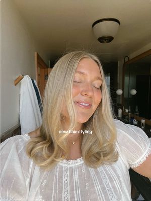 A post by @emilyfranciswheaton on TikTok caption: the best my hair has ever looked perhaps??? what do we think!!  #blowout #blowoututorial #airwrap #t3aire360 #blondehair #hairday #haircuttransformation @Crown Affair @Olaplex @T3 