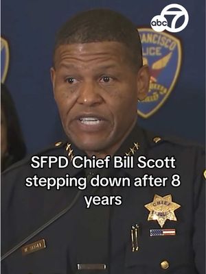 A post by @abc7newsbayarea on TikTok caption: "Thank you, San Francisco, for allowing me to be your chief of police." SFPD Chief Bill Scott held an emotional press conference on Wednesday, here he announced that he's stepping down to pursue a new opportunity after over eight years in the role. Chief Scott will stay with the department until late June. #chiefscott #sfpd #pressconference #sanfrancisco #daniellurie #sfmayor #sfpdchief #sf #abc7news 