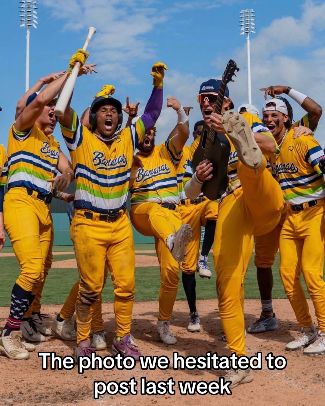 A post by @thesavbananas on TikTok caption: Who gave us permission for these😭😭 #savannahbananas #trending #nostalgia #funny #bananaball #baseball 