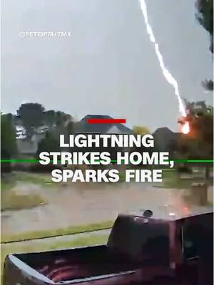 A post by @cnn on TikTok caption: A bolt of lightning struck a home in Colleyville, Texas, causing it to catch fire; the moment captured on video by a neighbor’s surveillance camera. Meteorologists warn severe weather is expected throughout the Southeastern US.
