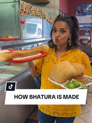 A post by @foodnetwork on TikTok caption: The way this bhatura puffs up 😲 @Maneet Chauhan went inside the kitchen at India Sweets & Spices in LA to see how it's made! #ManeetsEats