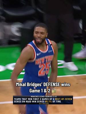 A post by @bleacherreport on TikTok caption: Mikal has been CLUTCH on defense vs. Jaylen Brown and Jayson Tatum 🤯😳 #nba #basketball #newyorkknicks 