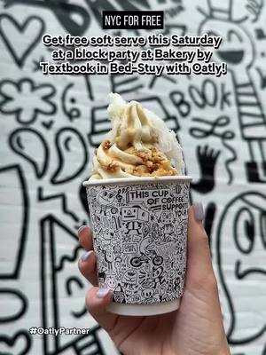 A post by @nycforfree on TikTok caption: Get free soft serve this Saturday at a block party in Bed-Stuy at @BakerybyTextbook with Oatly! 🍦 #OatlyPartner Head over May 10th from 12-3pm to enjoy a free Tahini (vegan!) soft serve made with @Oatly and topped with pistachio and more. Their famous Frozen Tahini Cold Brew is also made with Oatly Then head downstairs to @understudy.nyc, a new speakeasy, and try a limited edition Oatly-inspired cocktail called Oatly Fans. There will be live music, good vibes, and more. Bakery by Textbook and Understudy are such amazing community spots, and you don’t want to miss this free ice cream social! 📍 874 Hancock St, Brooklyn, NY 11233 #nycforfree #nyc #oatly #brooklyn #bedstuy #bakerybytextbook