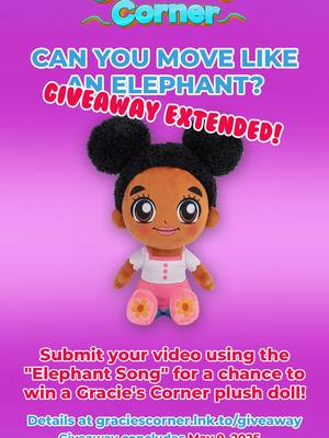 A post by @graciescornertv on TikTok caption: Gracie’s Elephant Dance Giveaway ends TOMORROW! 🐘 Don’t miss your chance to win your very own Gracie’s Corner Plush Doll! 💜 Tap the 🔗 in our bio for how to enter. . #graciescorner #elephantsong #elephantdance 