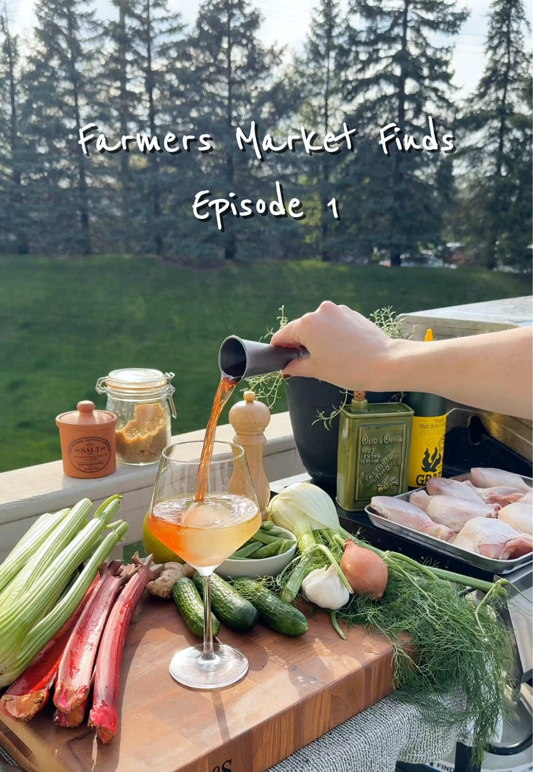 A post by @kristenfaith_eats on TikTok caption: Farmers Market Finds Episode 1: Smokey rhubarb bbq chicken 🍗 with a crunchy celery salad 🥗  #chickenrecipe #bbqchicken #bbqsauce #grillingseason #EasyRecipe #farmersmarketfinds #fyp #yum 