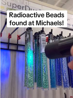 A post by @mrs.fallout on TikTok caption: Radioactive Uranium Glass beads found at Michael’s craft store! Brought them home to test! Should I make some jewelry with them & sell on my website?? #fallout #mrsfallout #fallouttok 