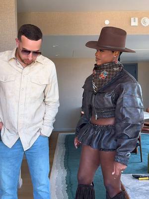 A post by @jeneenaylor on TikTok caption: Replying to @Nurse_ Kaye DETAILS!!! @AKNVAS jacket and bloomers @Lack of Color hat @DSQUARED2 boots @Louis Vuitton scarf via @The RealReal 