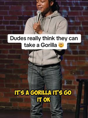 A post by @joshjohnsoncomedy on TikTok caption: Dudes really think they can take a gorilla 