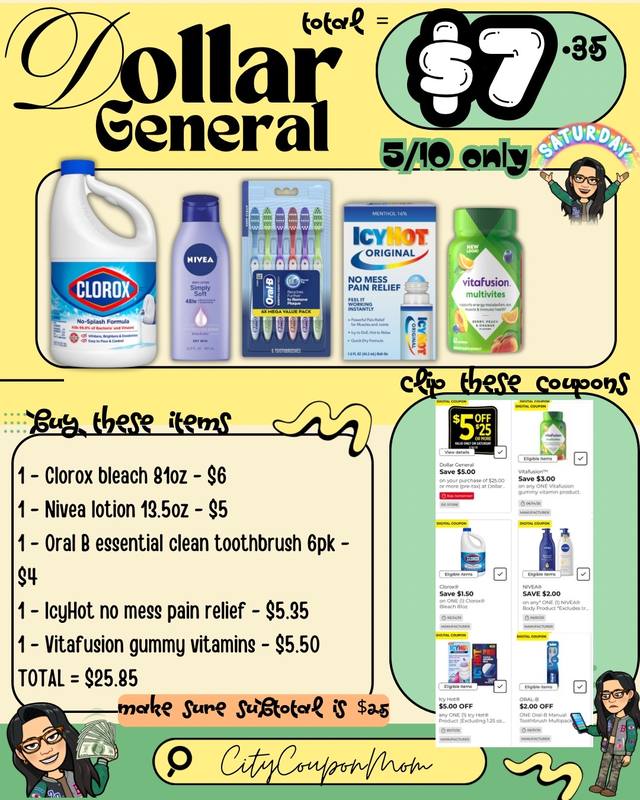 A post by @citycouponmom on TikTok caption: Here’s some options & scenarios for Dollar General & one option for Family Dollar 🫶 📌 Saturday only 5/10 📌 Make sure digitals attach  📌 Make sure subtotal is at the threshold  📌 - FD changed their systems where you have to be at $25 after all manufacture coupons comes off to be able to apply $5 off $25! #dollargeneral #familydollar #dollargeneraldeals #dollargeneralcouponing #familydollardeals #familydollarcouponing #couponing #coupontok 