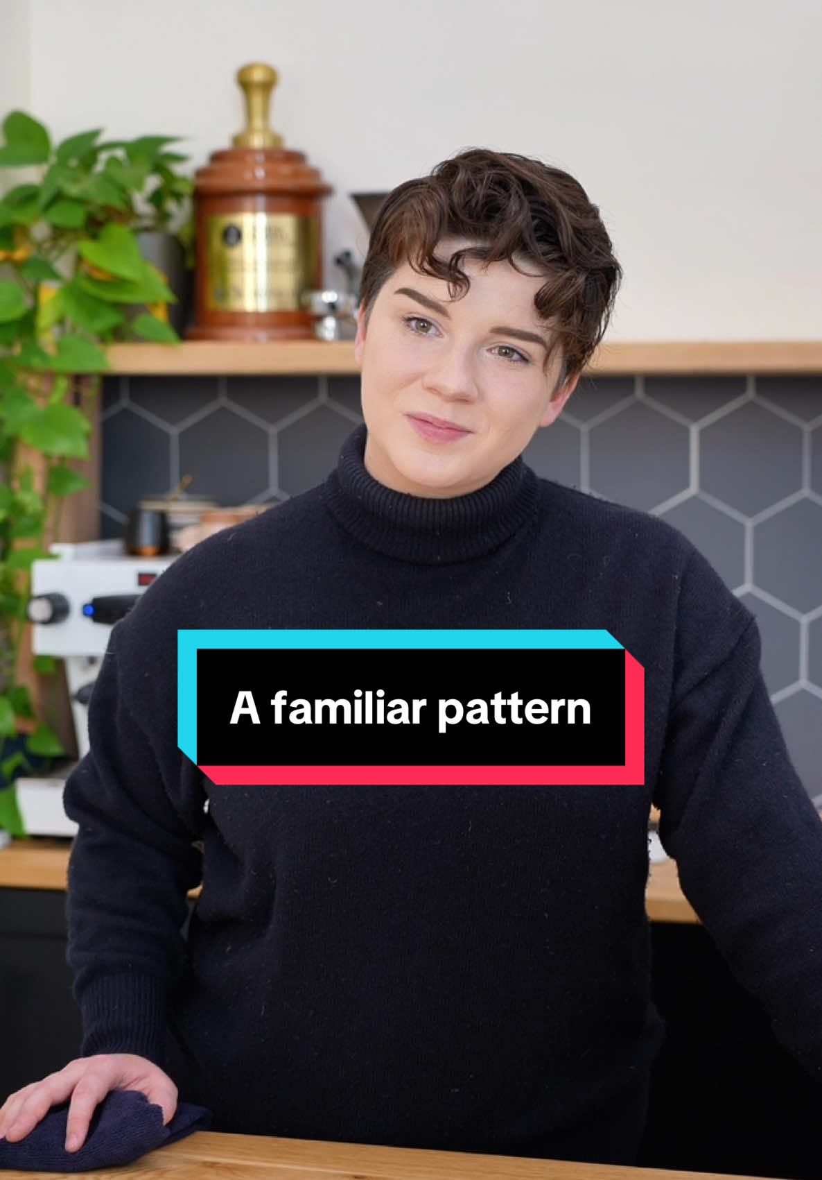 A post by @morgandrinkscoffee on TikTok caption: Back to a familiar pattern #barista #coffee 
