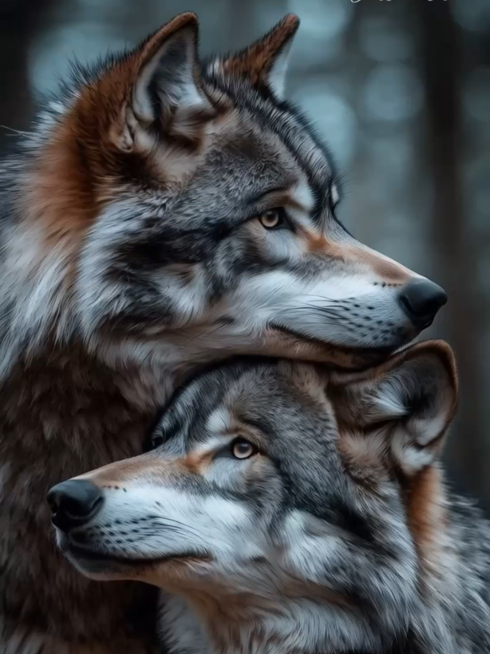 A post by @irur_dreamer on TikTok caption: Love story 🩷🐺🩶 #wolf #wolves #ai #aiart #wolfpack #family #lovestory #irur_dreamer  #lovestory❤️ 